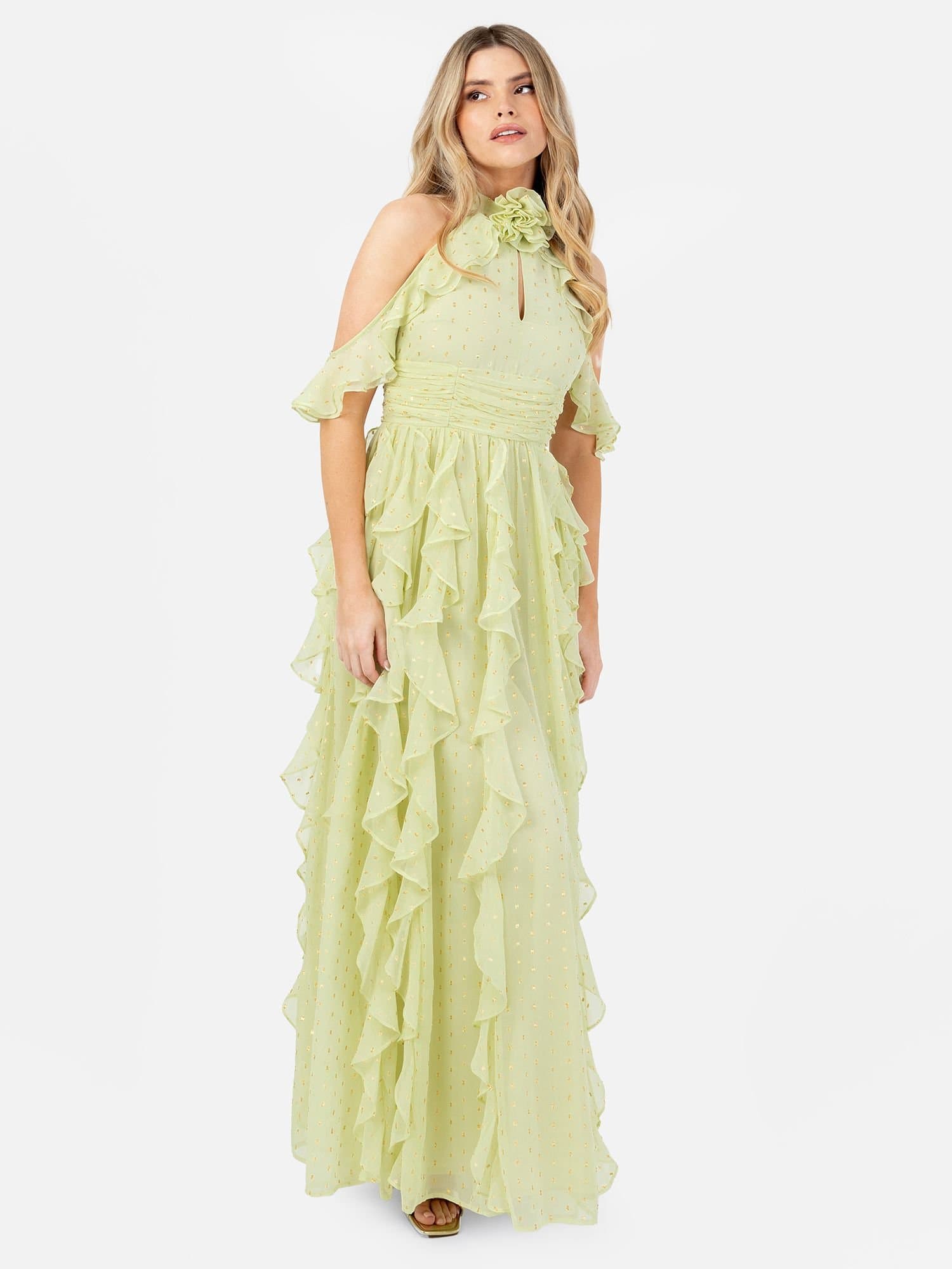 Anaya with Love Anaya with Love Women's Cold Shoulder Waterfall Ruffle Maxi Dress in Green