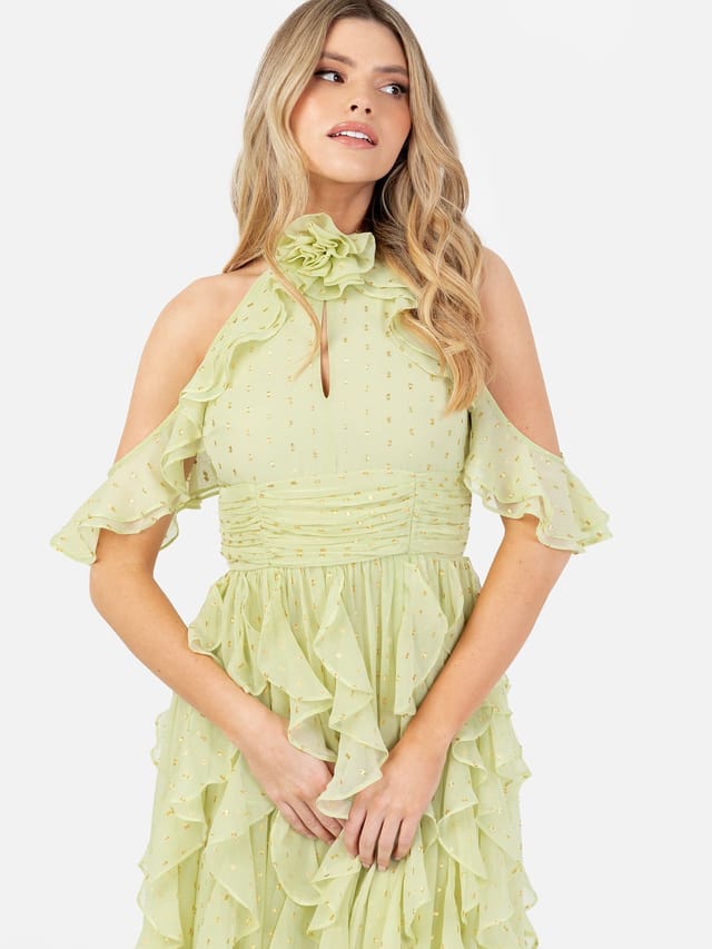 Anaya with Love Anaya with Love Women's Cold Shoulder Waterfall Ruffle Maxi Dress in Green - 2