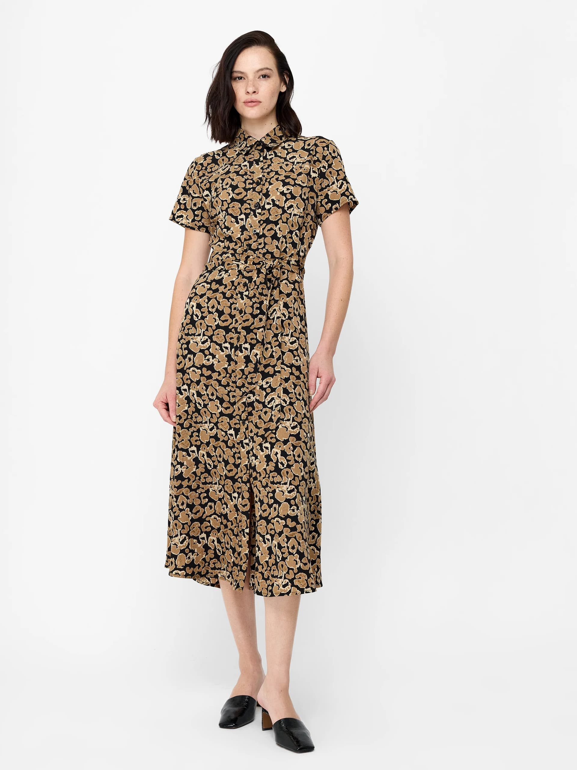French Connection Leopard Print Belted Midi Shirt Dress Leopard Animal Print