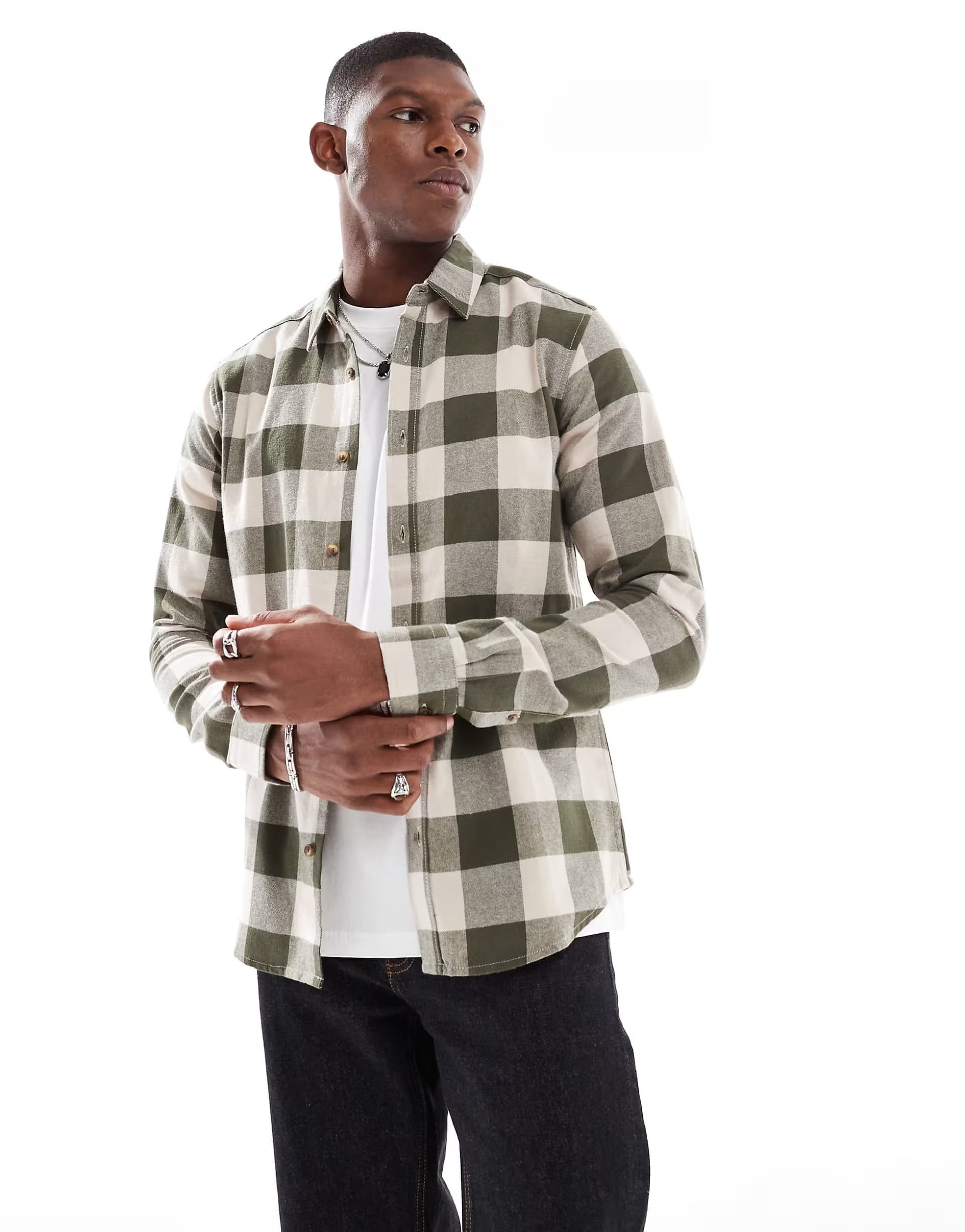 ASOS ONLY & SONS check shirt in cream & dark khaki