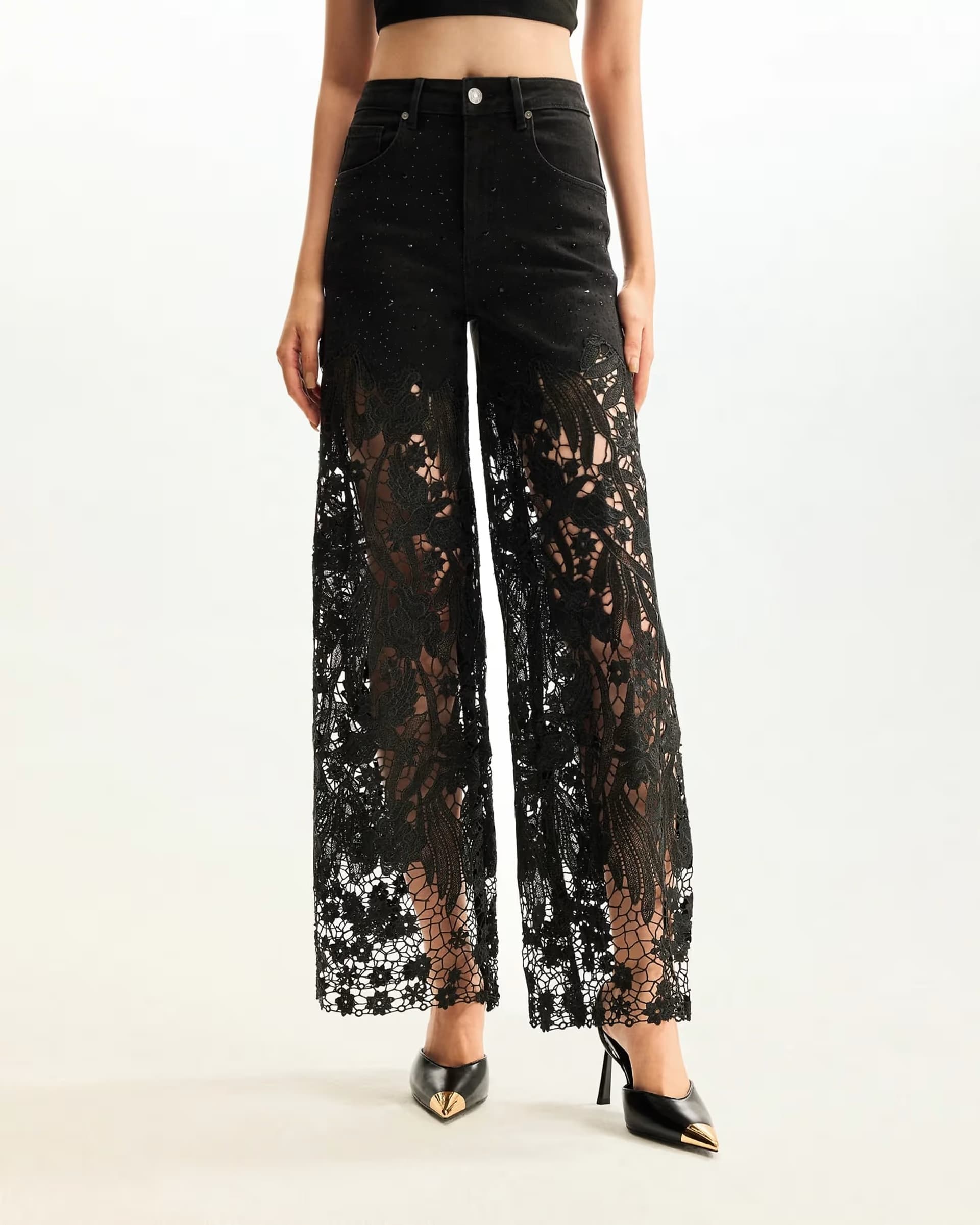 ASOS JW PEI Black Lace And Crystal Embellished Straight Leg Jeans