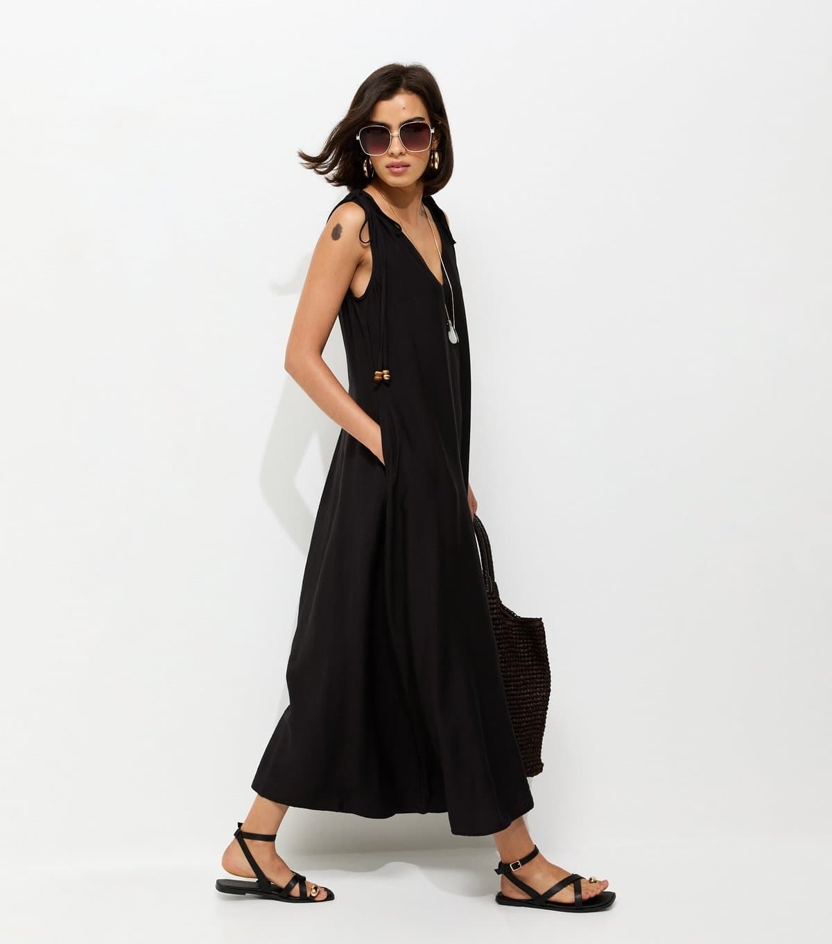 New Look Women's Black Beaded Tie Smock Midi Dress New Look