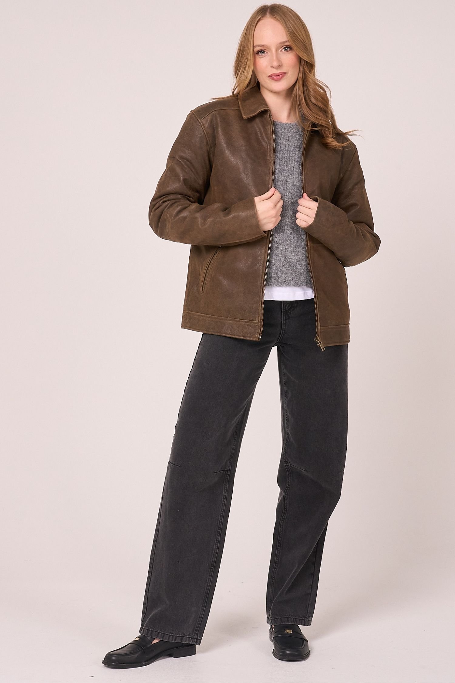 Barneys Originals Barneys Originals Women's Oversized Aged Real Leather Harrington in Brown - 2