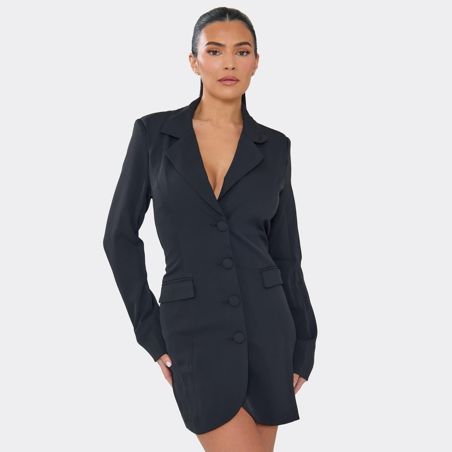 EGO V Neck Open Back Drape Cinched Waist Blazer Dress In Black, Women's Size UK 6