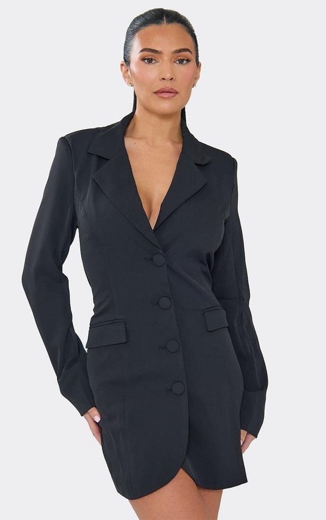 EGO V Neck Open Back Drape Cinched Waist Blazer Dress In Black, Women's Size UK 6 - 2