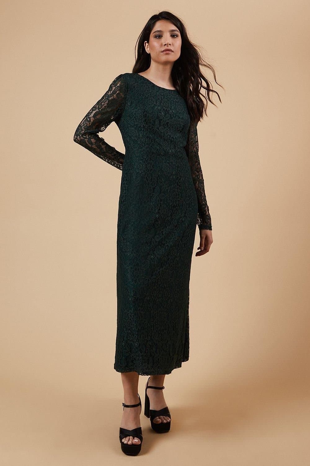 Oasis Oasis Women's Petite Occasion Lace Cut Out Back Midi Dress in Green