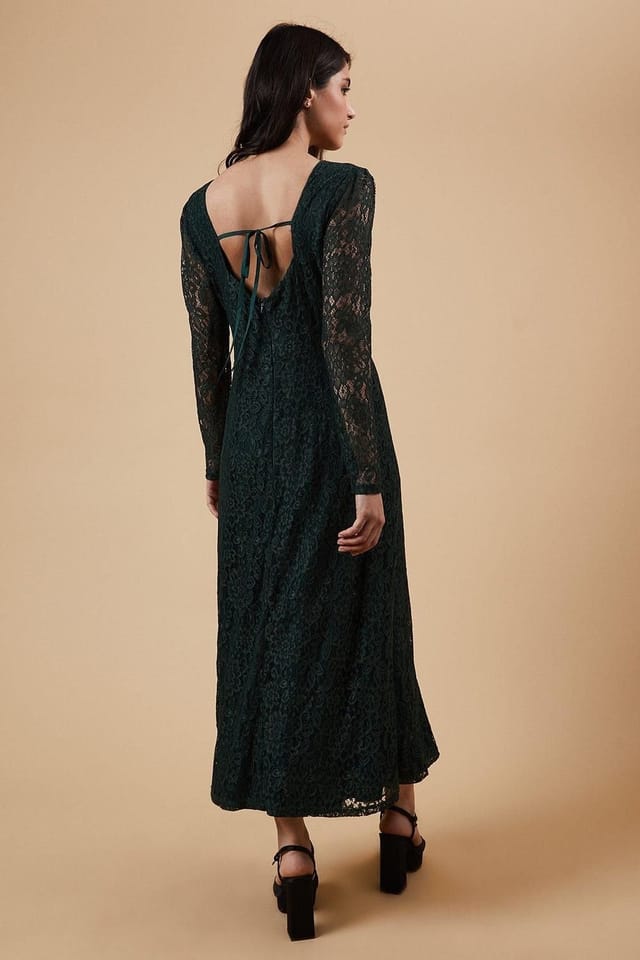 Oasis Oasis Women's Petite Occasion Lace Cut Out Back Midi Dress in Green - 3