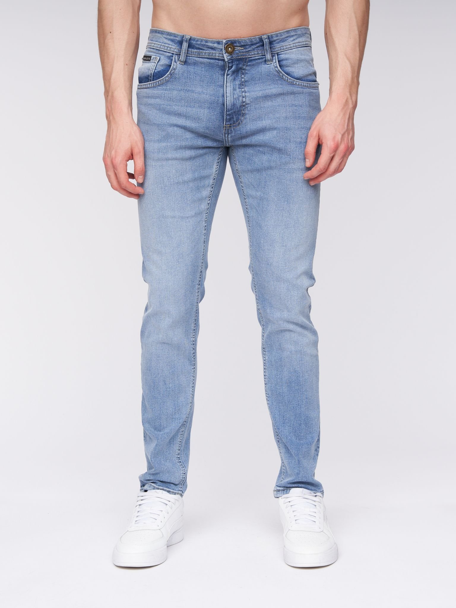 Henleys Henleys Mayhen Men's Skinny-Fit Stretch Denim Jeans with Signature Rubber Label Detail in Light Blue - 3