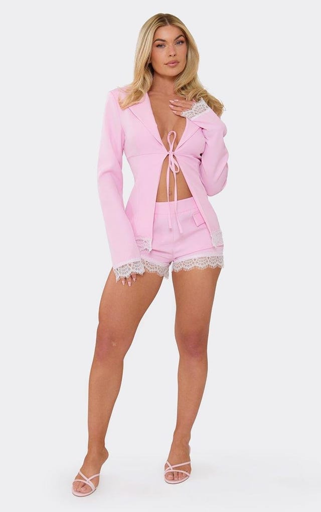 EGO Pocket Detail Lace Trim Mini Shorts In Pink, Women's Size UK 6 - 2