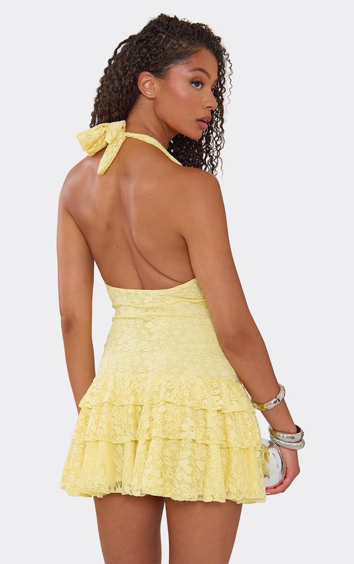 EGO Halterneck Scoop Ruffle Hem Detail Mini Dress In Lemon Lace, Women's Size UK 6
