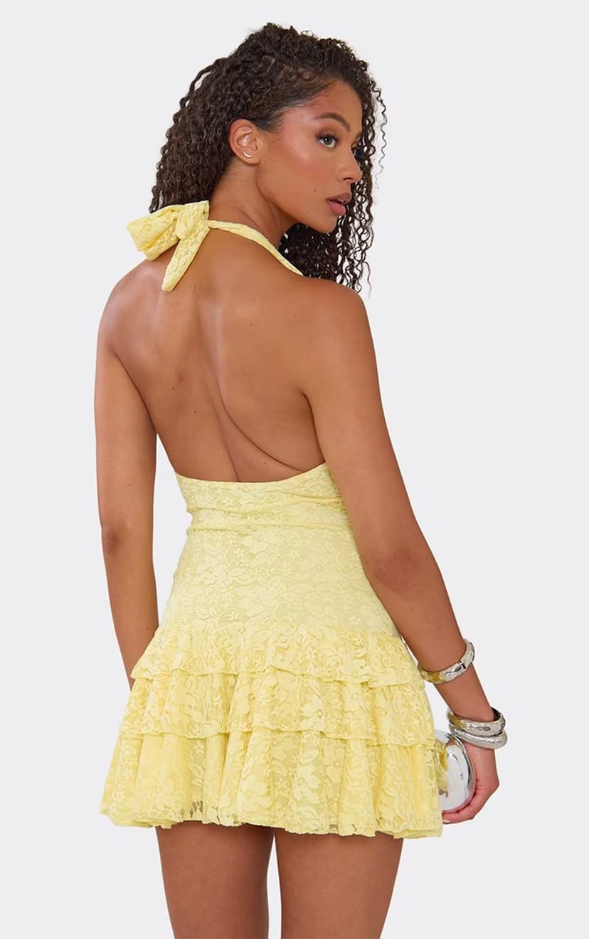 EGO Halterneck Scoop Ruffle Hem Detail Mini Dress In Lemon Lace, Women's Size UK 6 - 1