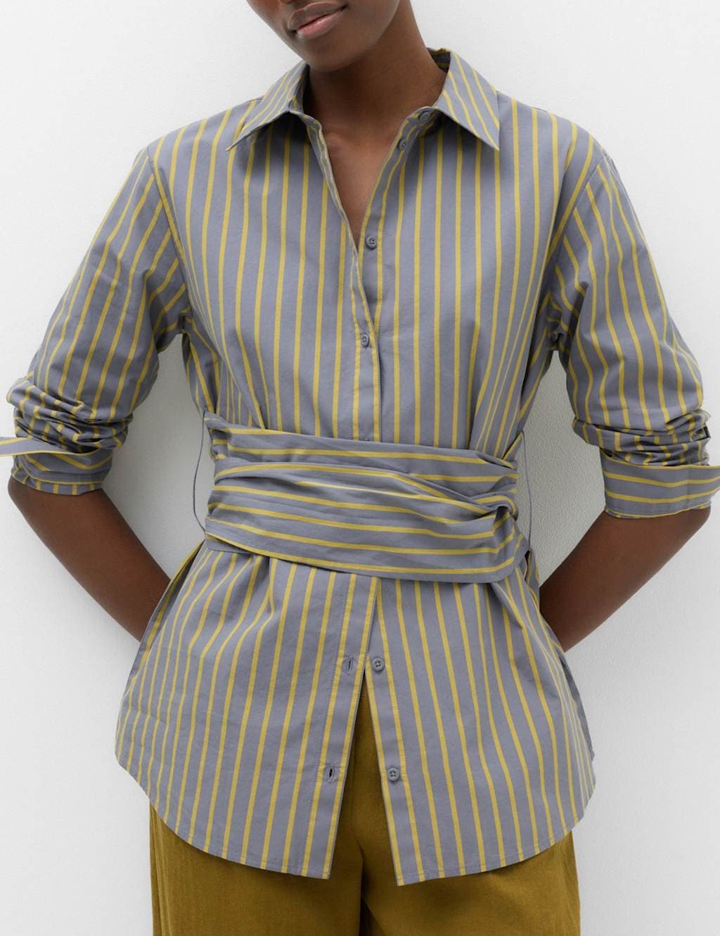 Marks & Spencer M&S Pure Cotton Striped Tie Waisted Shirt Grey Mix