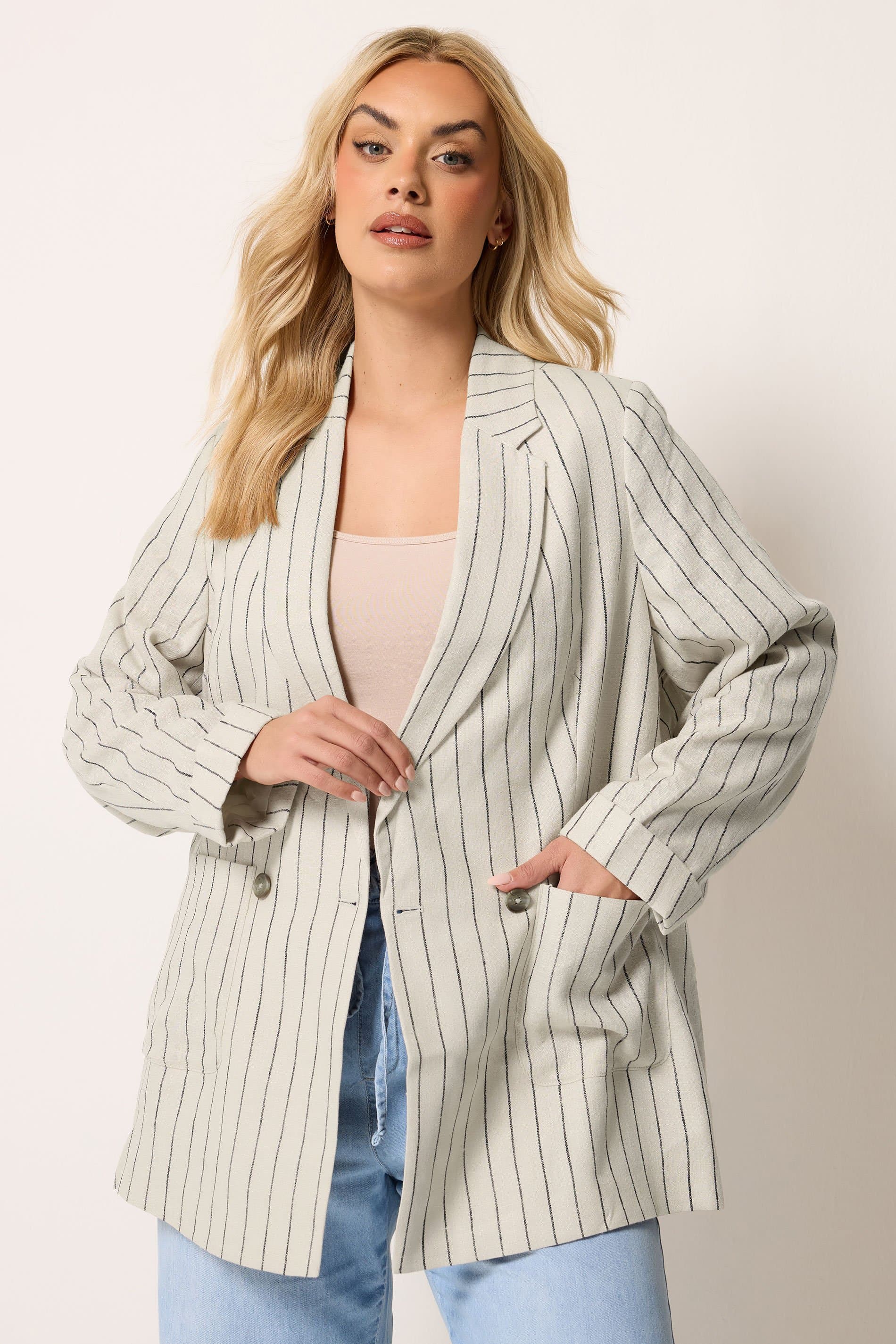 Yours Plus Size Beige Brown Stripe Tailored Linen Blazer