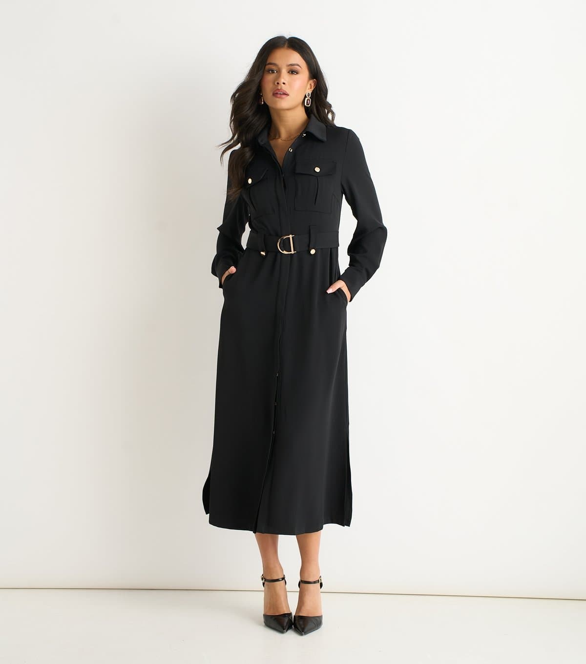 Gini London Women's Black Gold Button Shirt Dress Gini London New Look