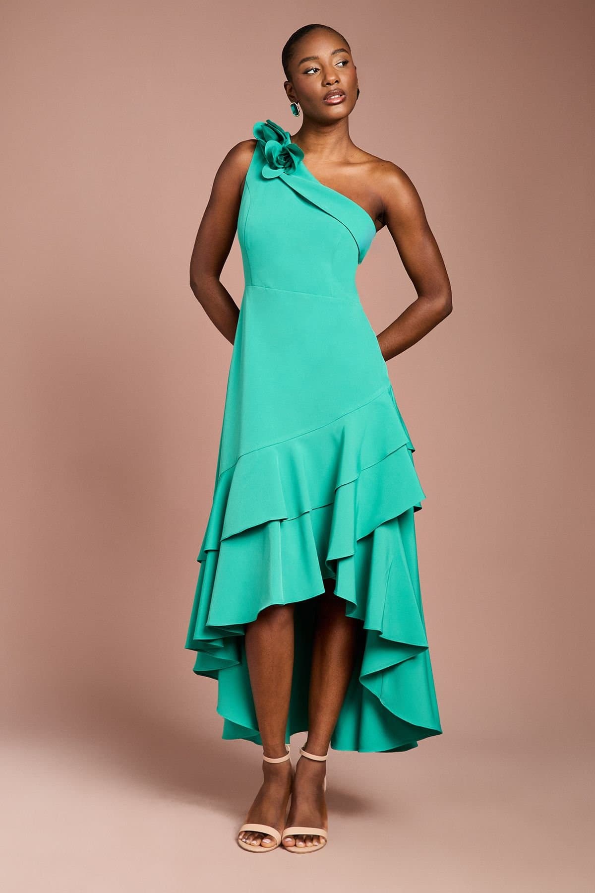 Coast Coast Women's One Shoulder Corsage Ruffle Crepe Midi Dress in Teal