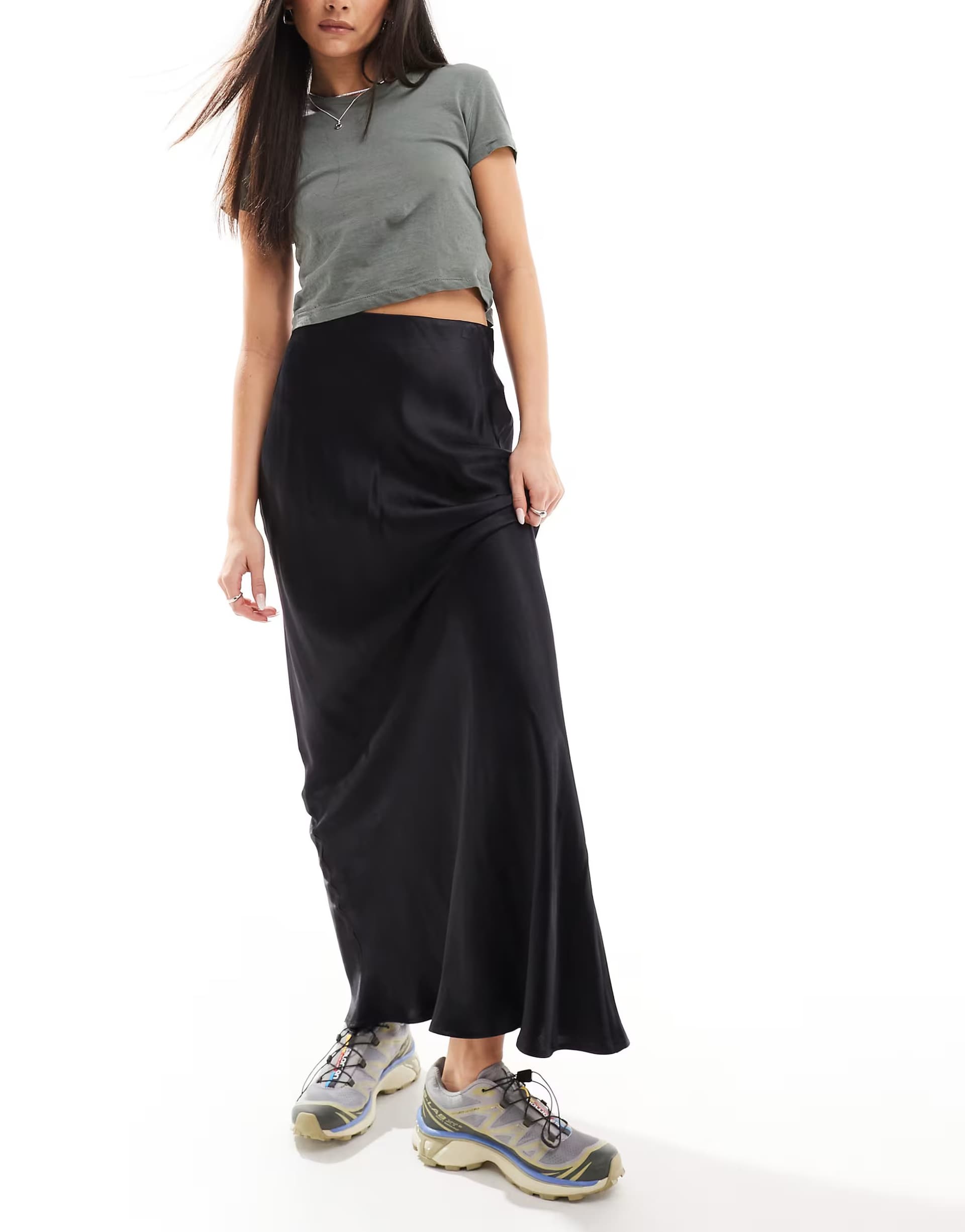ASOS Stradivarius satin maxi skirt in black