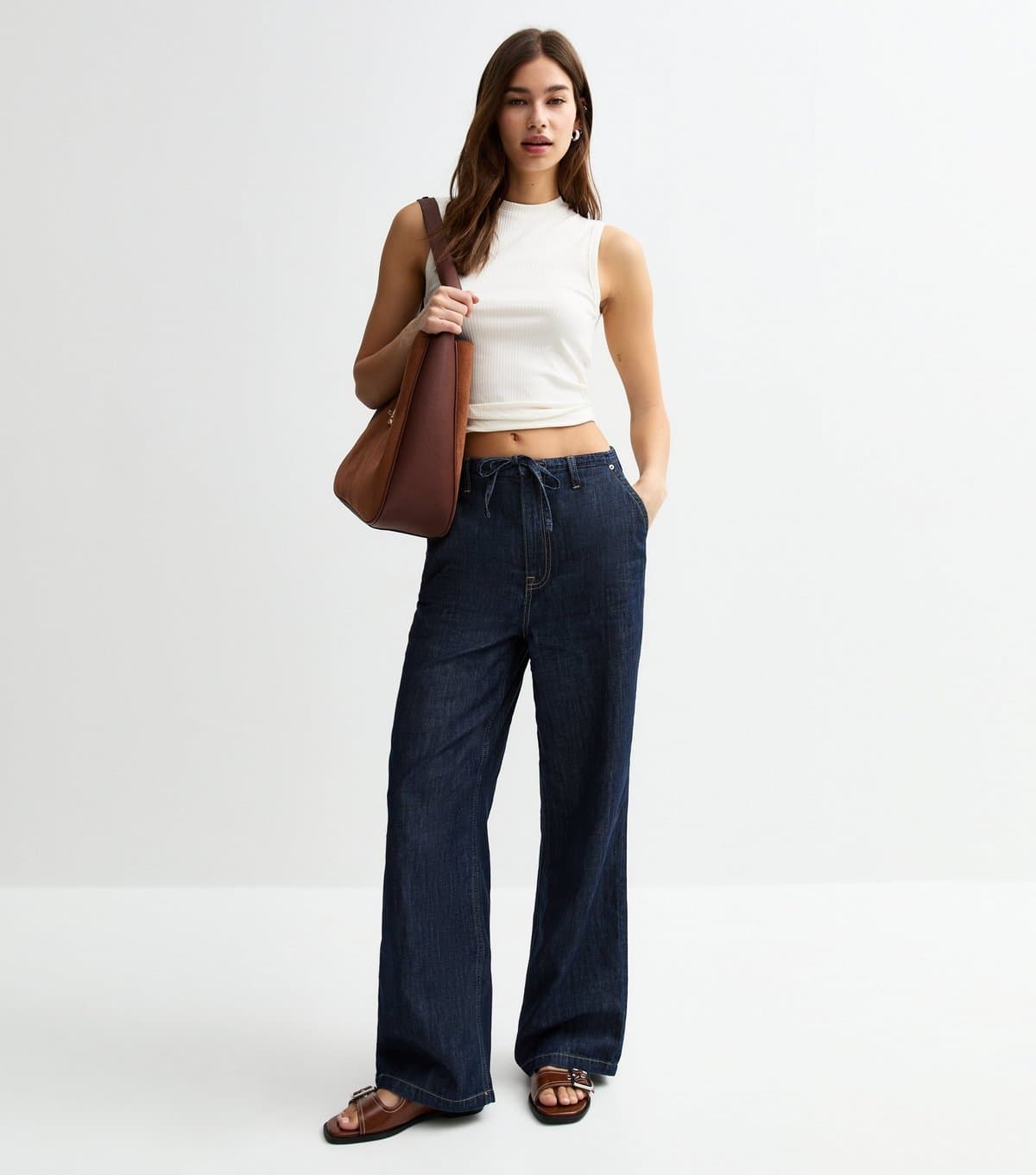 New Look Women's Navy Drawstring Waist Wide Leg Denim Trousers New Look