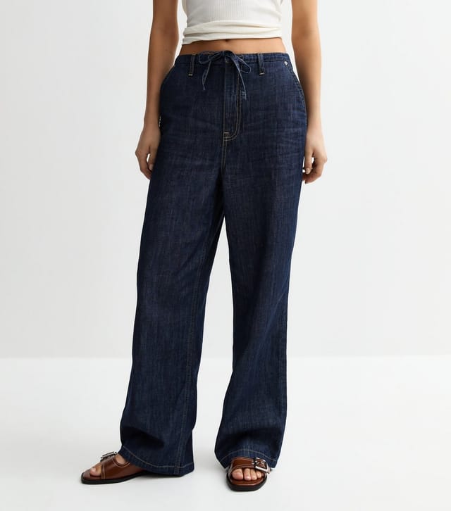 New Look Women's Navy Drawstring Waist Wide Leg Denim Trousers New Look - 3