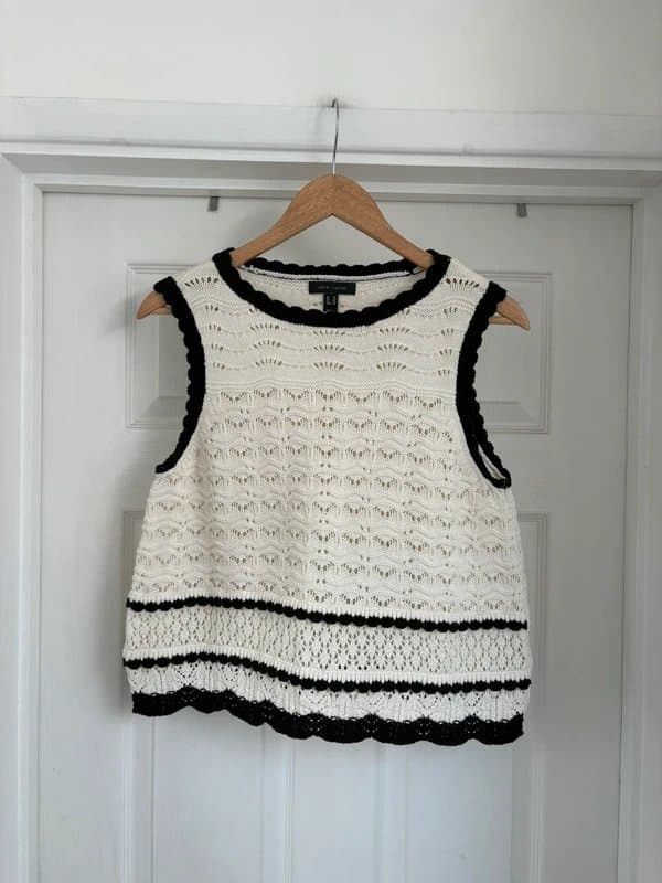 New Look Women’s New Look Boho Cream & Black Open Knit Sweater Vest Tank Top Waistcoat Size 14