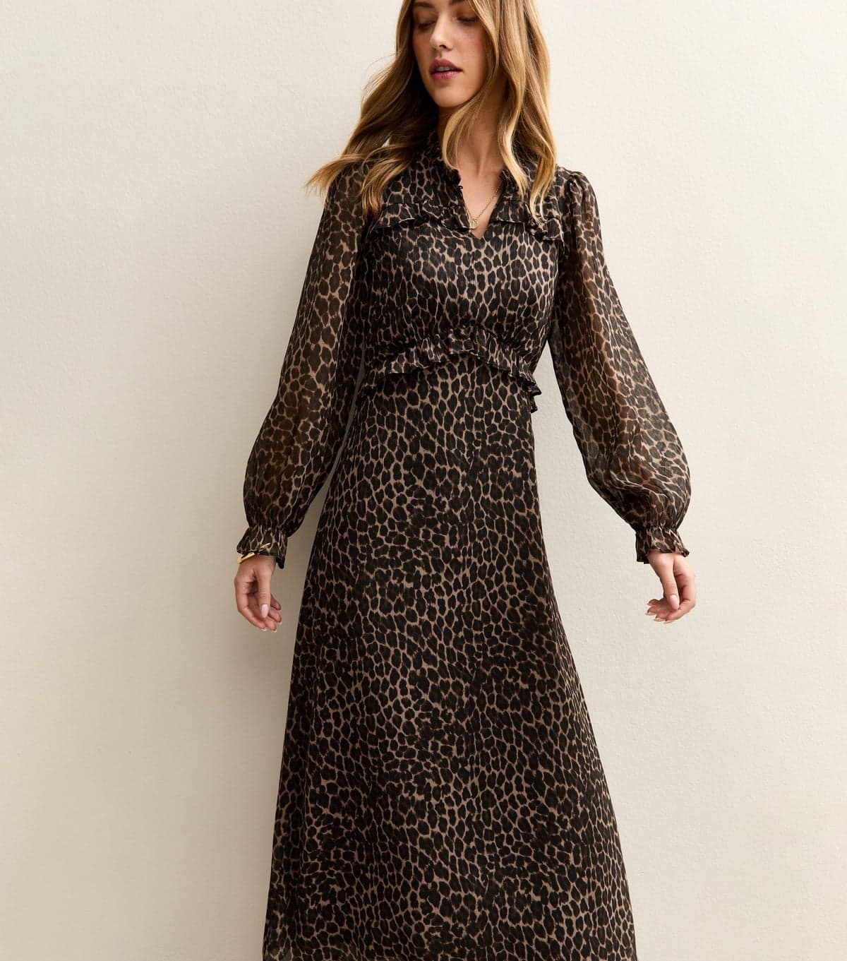 New Look Women's Brown Chiffon Animal Print Ruffled Midi Dress New Look