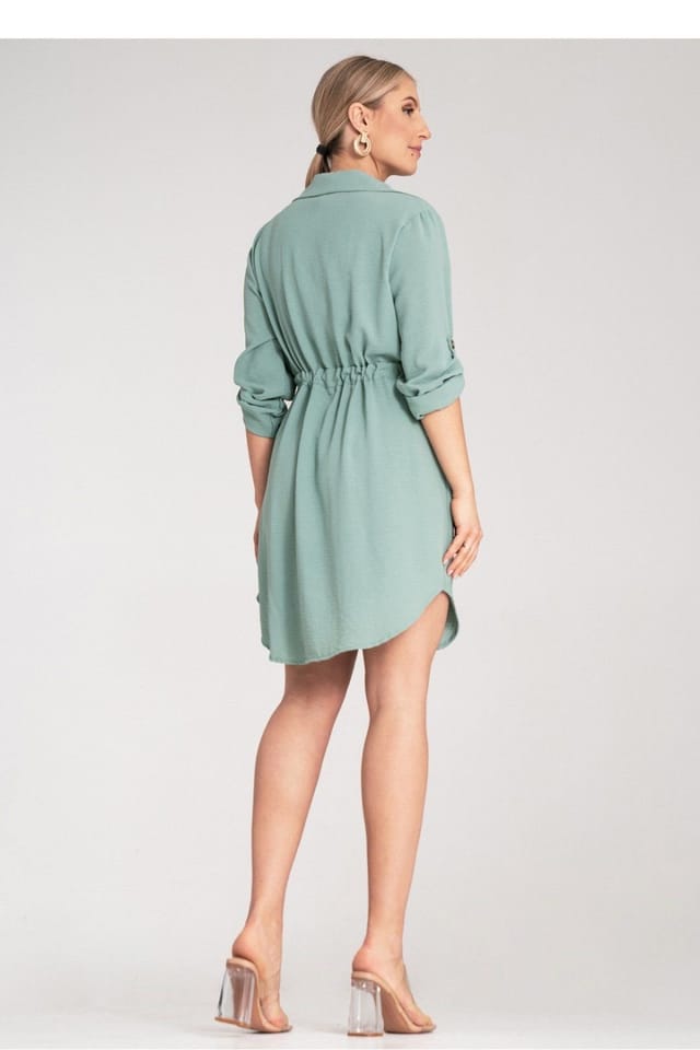 Love Lace Love Lace Women's Classic Collar Shirt Dress with Waist Tie in Green - 3