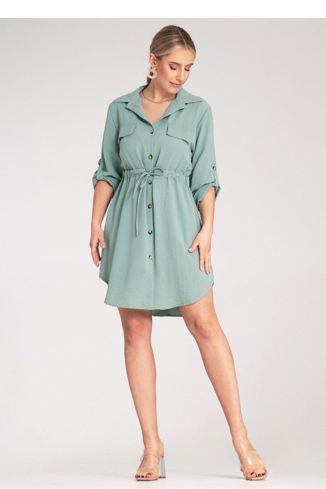 Love Lace Love Lace Women's Classic Collar Shirt Dress with Waist Tie in Green - 4
