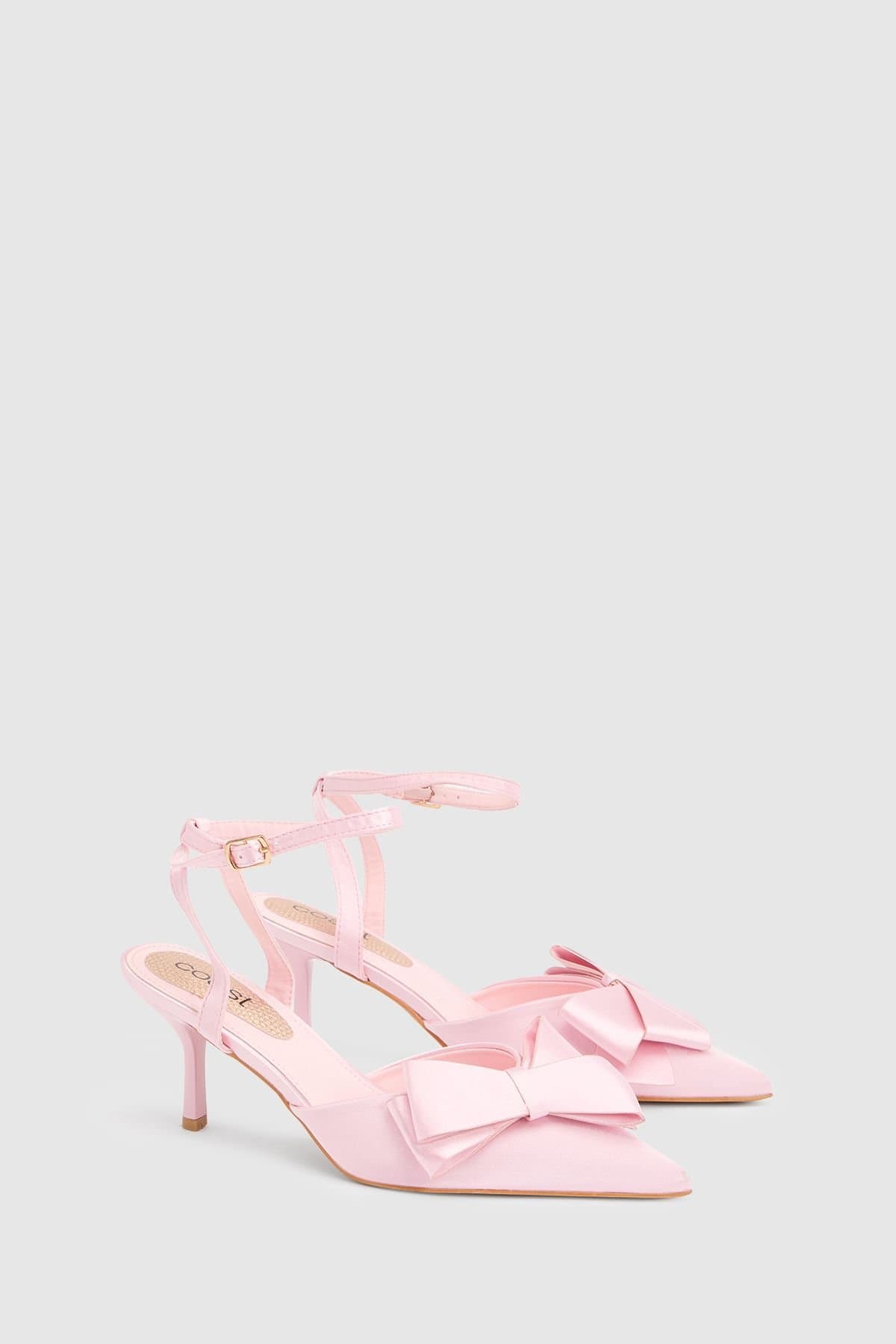 Coast Coast Women's Ella Satin Ankle Strap Bow Detail Medium Stiletto Heel Court Shoes in Blush