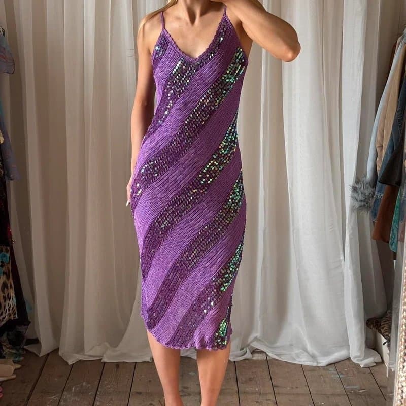 New Look Y2K Purple sequin crochet midi dress