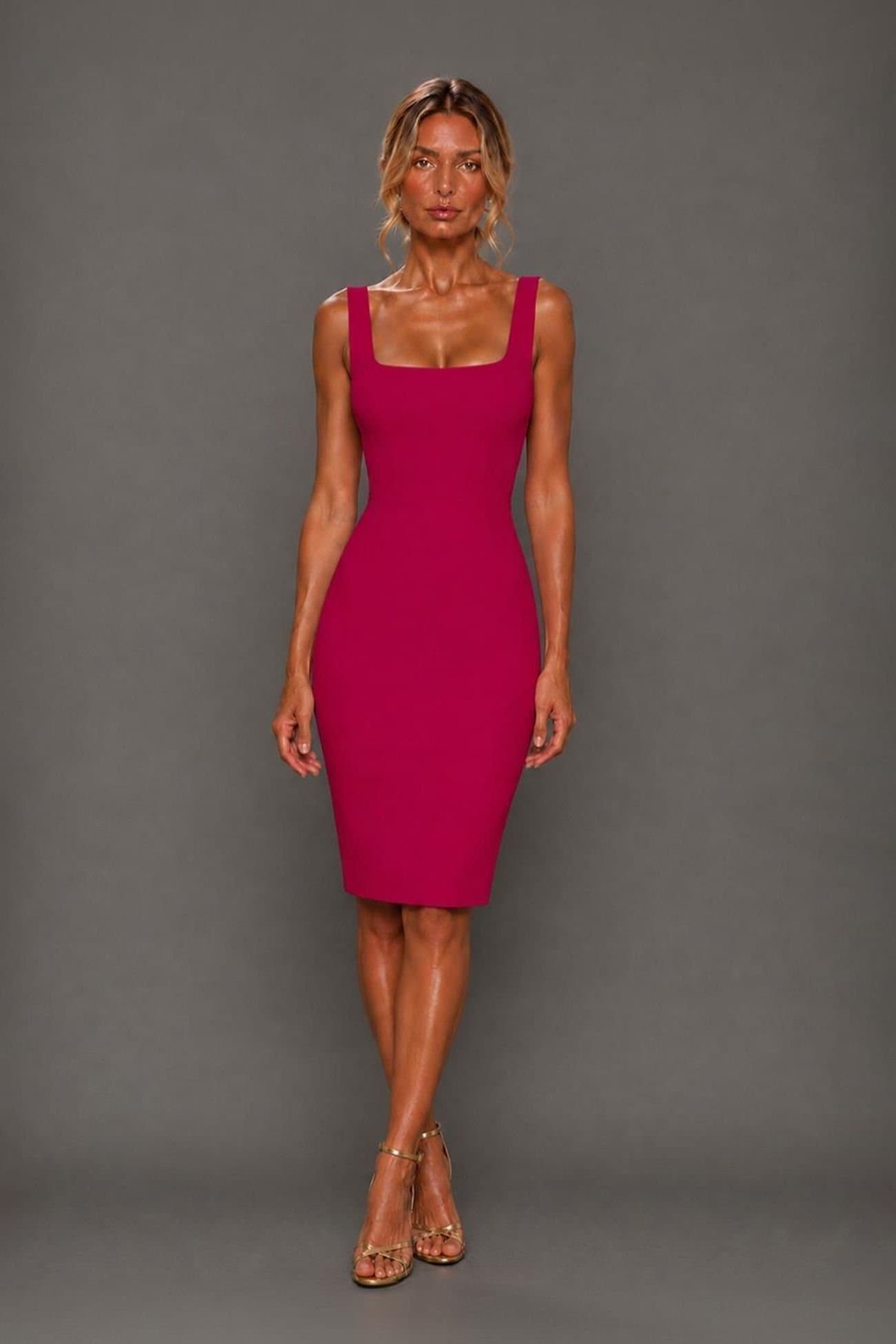 Vesper Vesper Women's Square Neck Midi Dress in Cerise