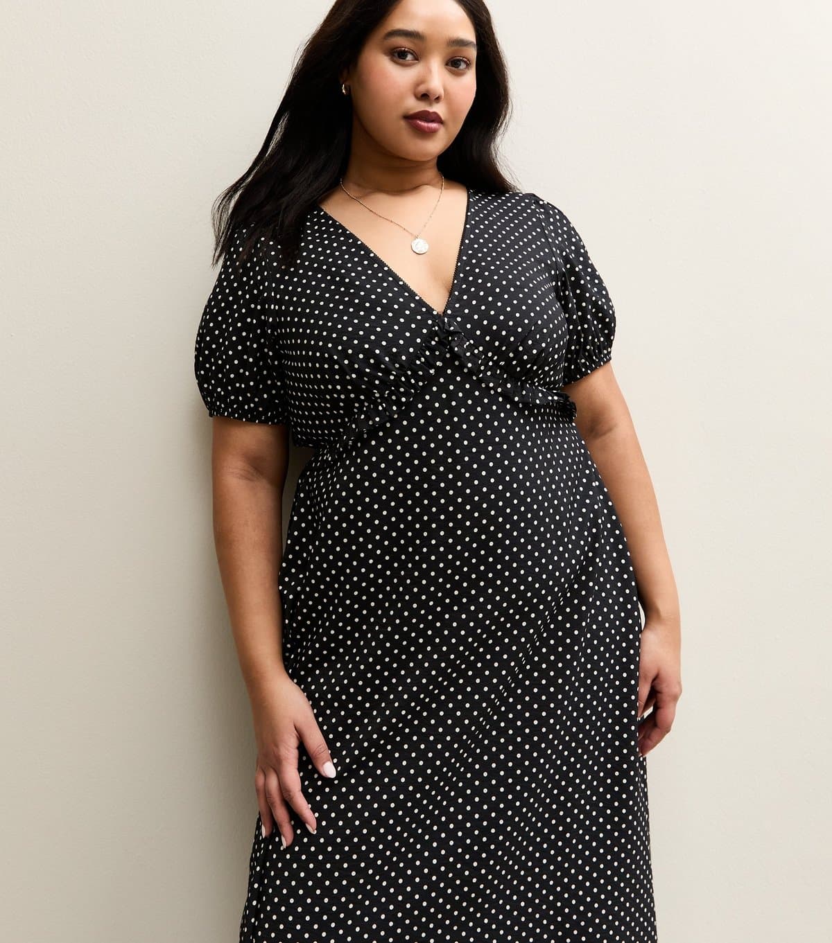 New Look Women's Plus Size Black Polka Dot Short Sleeve Tea Midi Dress Curves New Look