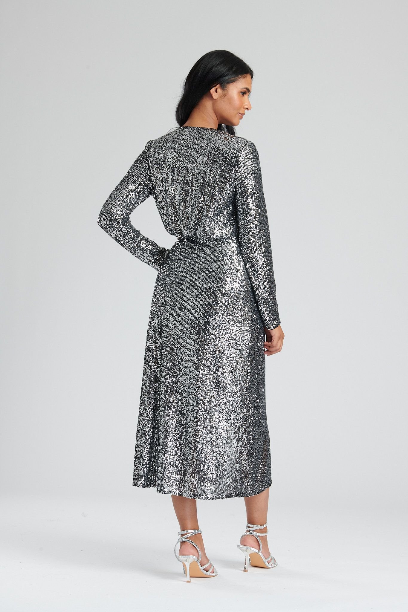 Finding Friday Finding Friday Women's Sequin Wrap Midi Dress in Silver - 3