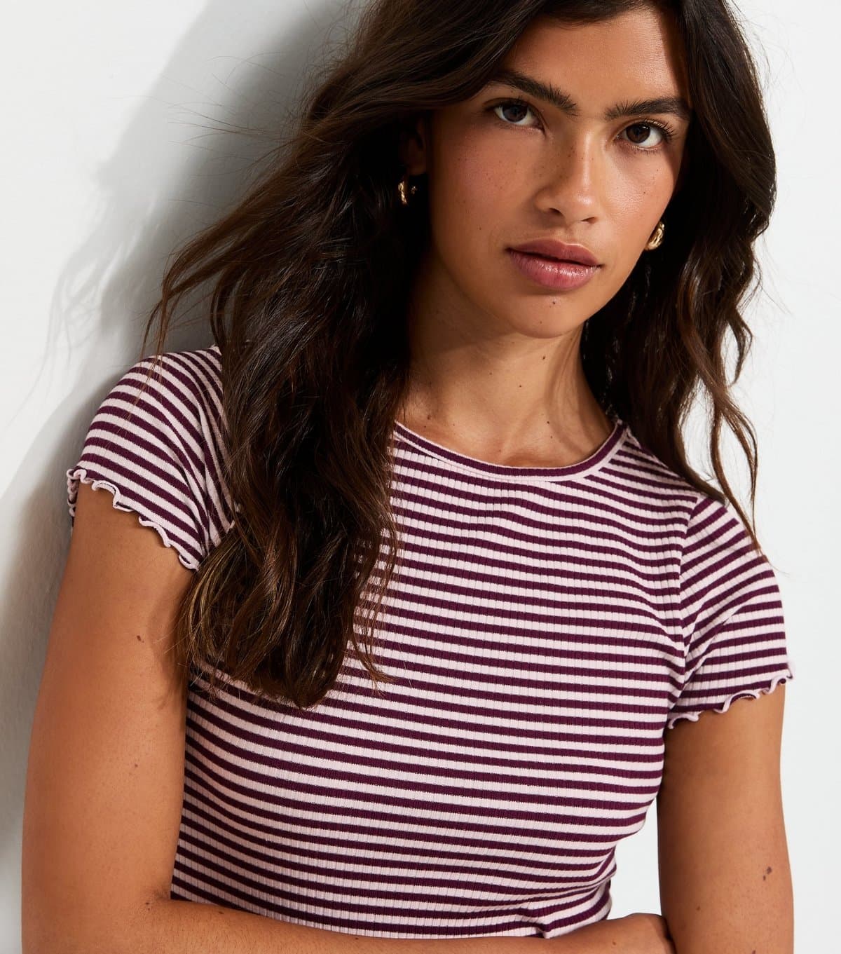 New Look Women's Burgundy Striped Ribbed Babylock T-Shirt New Look