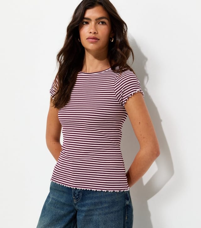 New Look Women's Burgundy Striped Ribbed Babylock T-Shirt New Look - 2