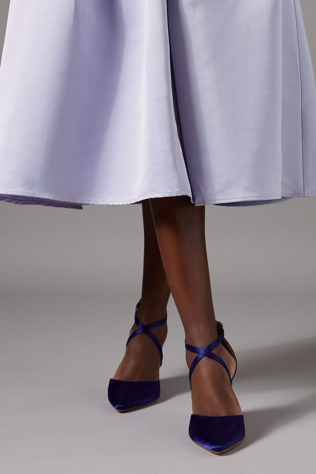 Coast Coast Women's Wide Fit Treat Satin Cross Strap Pointed Block Heel Court Shoes in Navy - 2