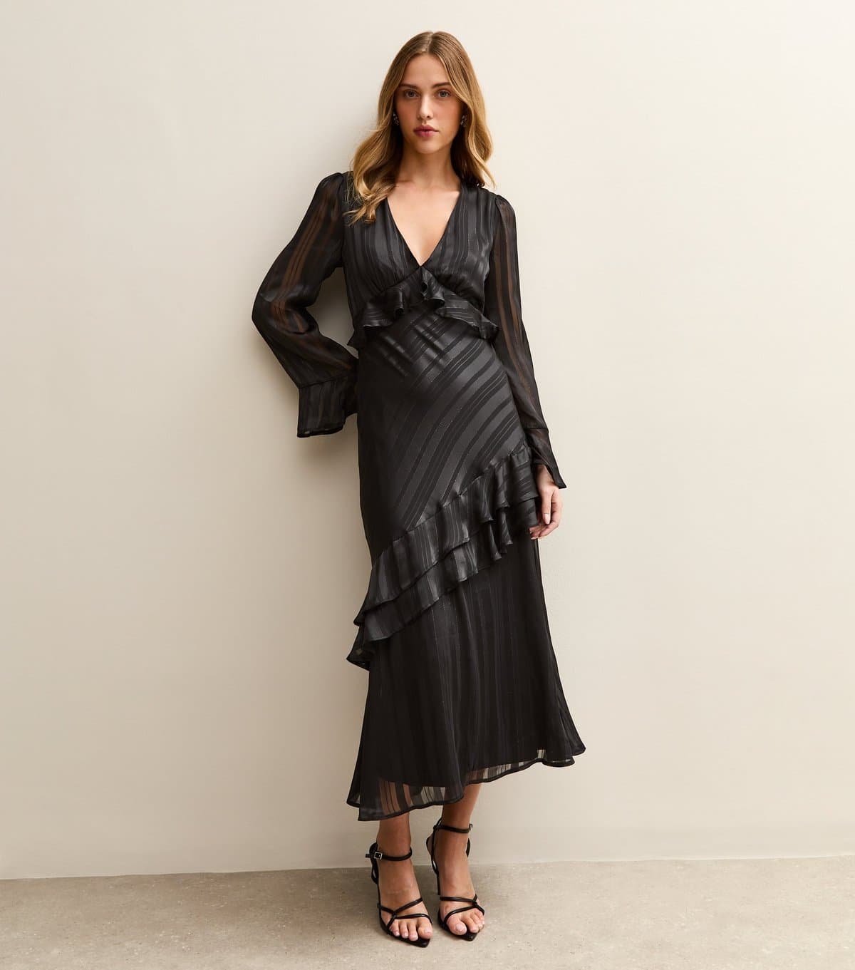 New Look Women's Black Satin Striped Midi Dress New Look