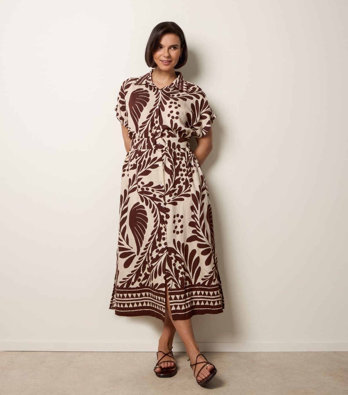 Blue Vanilla Women's Dark Brown Leaf Print Belted Midi Dress Blue Vanilla New Look