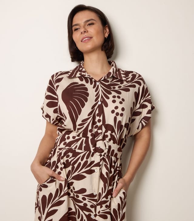 Blue Vanilla Women's Dark Brown Leaf Print Belted Midi Dress Blue Vanilla New Look - 3