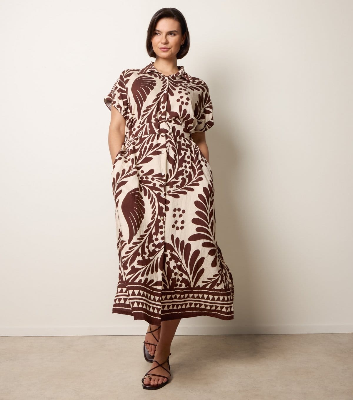 Blue Vanilla Women's Dark Brown Leaf Print Belted Midi Dress Blue Vanilla New Look - 4