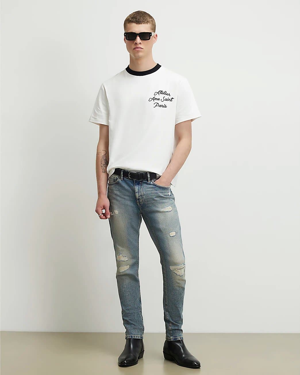 River Island Mens River Island Blue Skinny Fit Washed Ripped Jeans