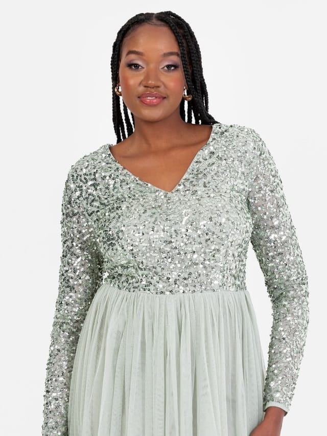 Maya Deluxe Maya Deluxe Women's V Neck Embellished Long Sleeve Maxi Dress in Mint - 2
