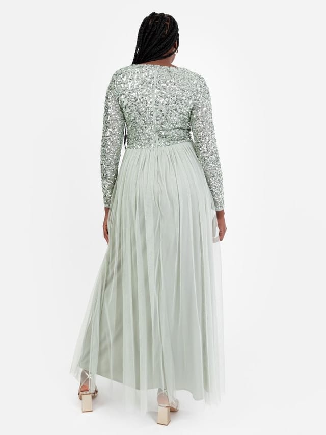 Maya Deluxe Maya Deluxe Women's V Neck Embellished Long Sleeve Maxi Dress in Mint - 3