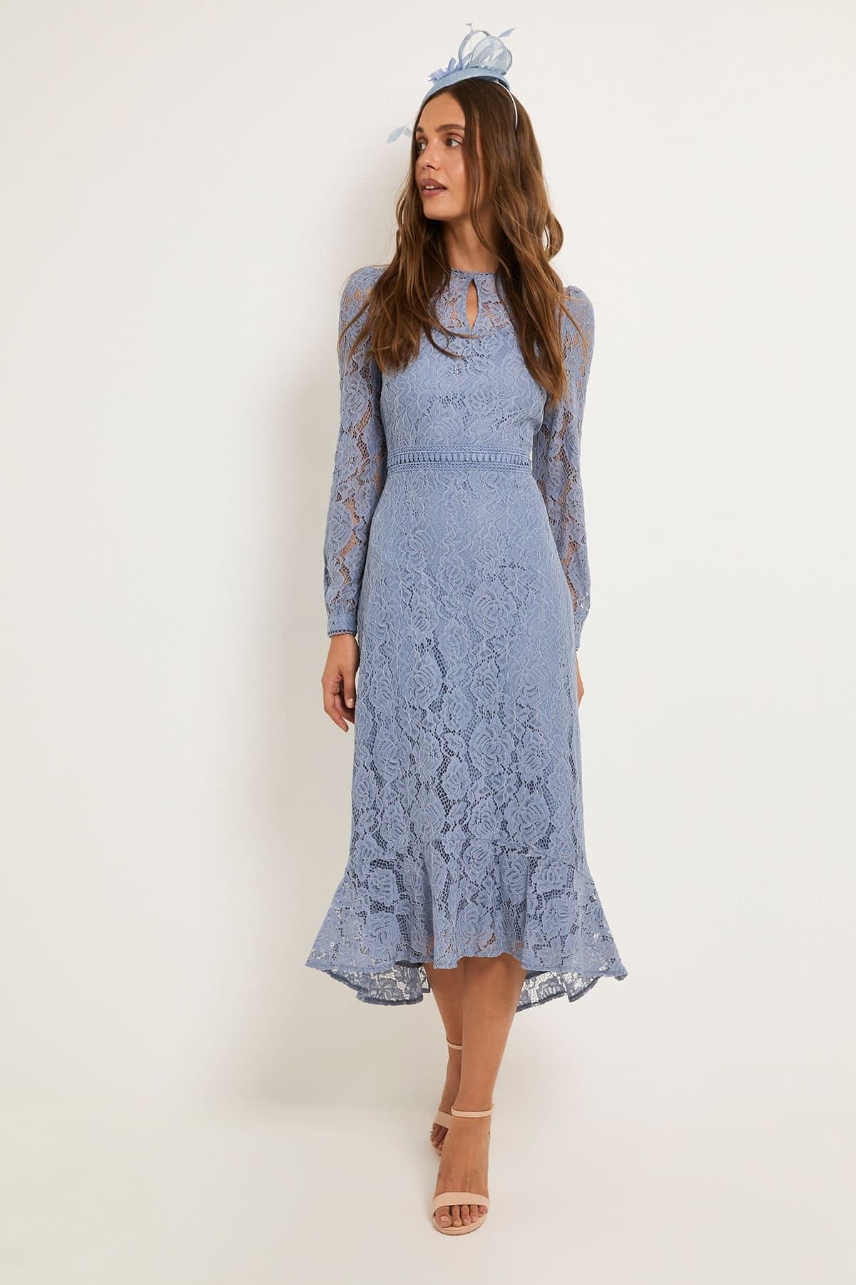 Wallis Wallis Women's Lace High Neck Ruffle Midi Dress in Blue