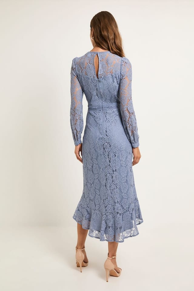 Wallis Wallis Women's Lace High Neck Ruffle Midi Dress in Blue - 3