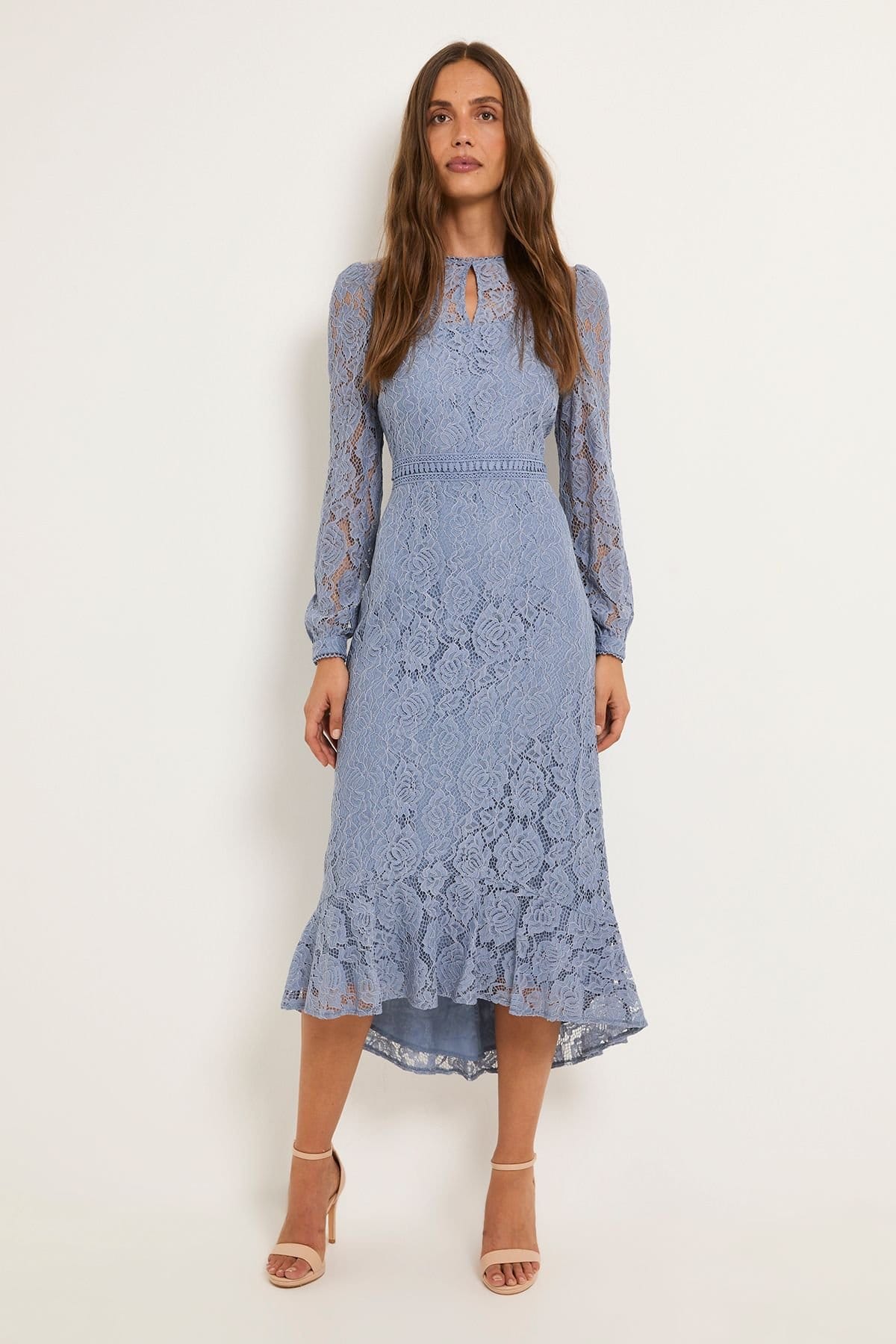 Wallis Wallis Women's Lace High Neck Ruffle Midi Dress in Blue - 4