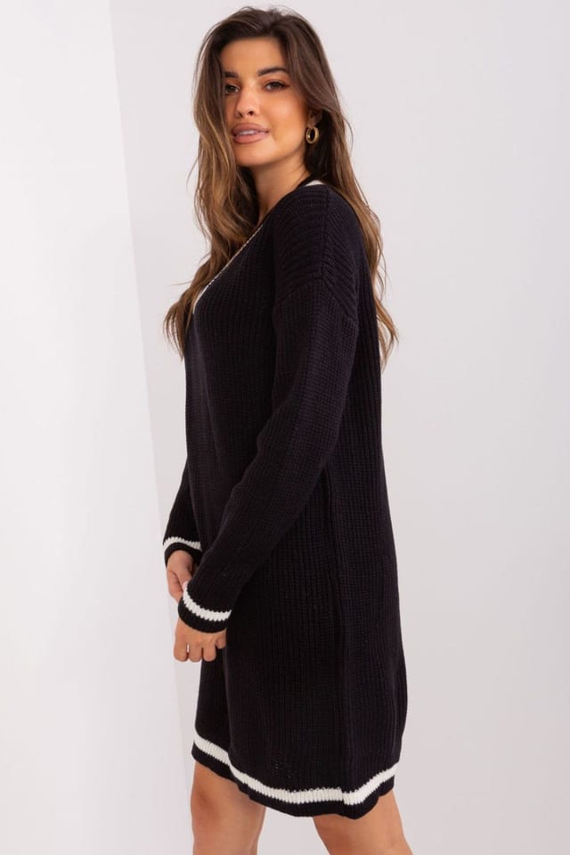 Love Lace Love Lace Women's Oversized Knit Sweater Dress with Heart Neck in Black - 2