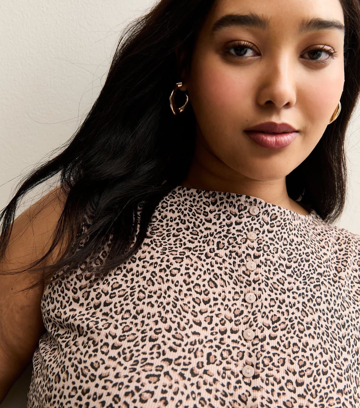 New Look Women's Plus Size Brown Leopard Print Button Through Ribbed Tank Top Curves New Look