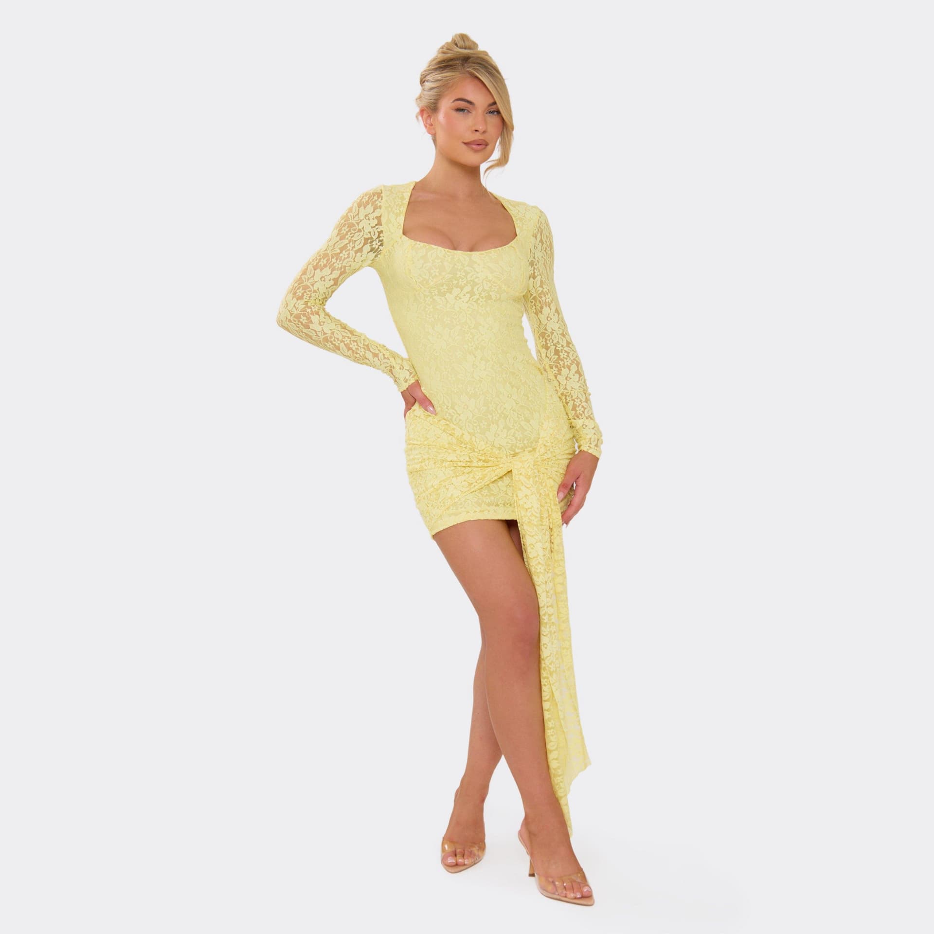 EGO Long Sleeve Square Neck Tie Drape Detail Mini Dress In Lemon Lace, Women's Size UK 6
