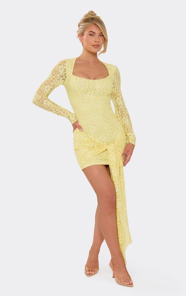EGO Long Sleeve Square Neck Tie Drape Detail Mini Dress In Lemon Lace, Women's Size UK 6 - 2