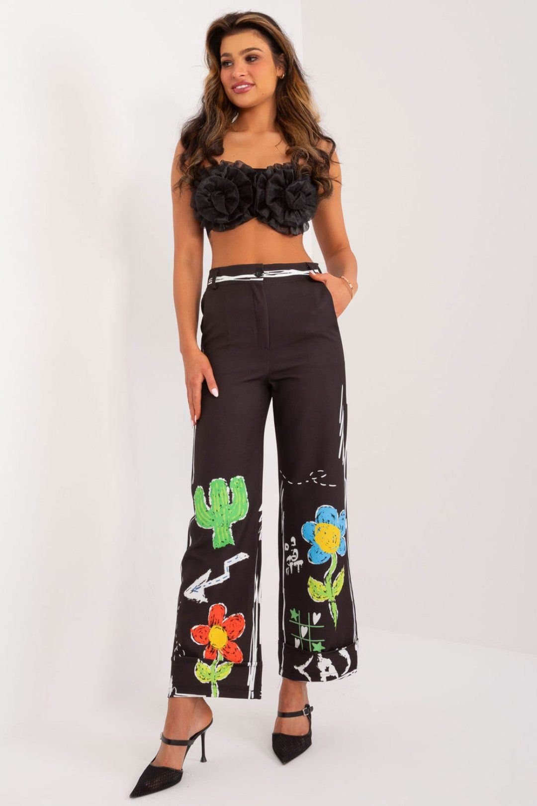 Love Lace Love Lace Women's Colorful Print Wide Leg Elastic Waist Trousers in Black