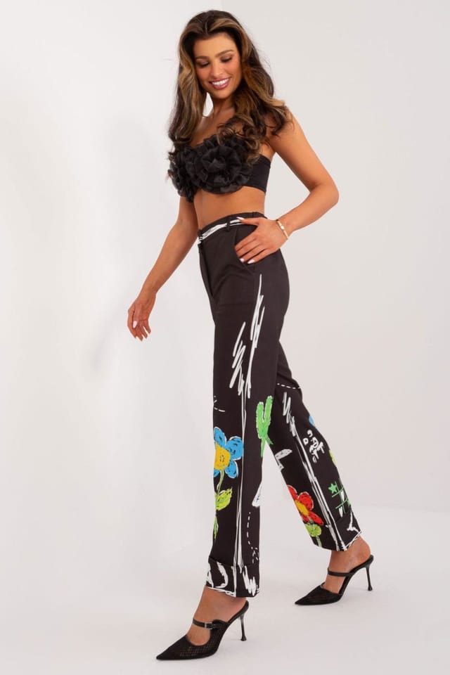 Love Lace Love Lace Women's Colorful Print Wide Leg Elastic Waist Trousers in Black - 2